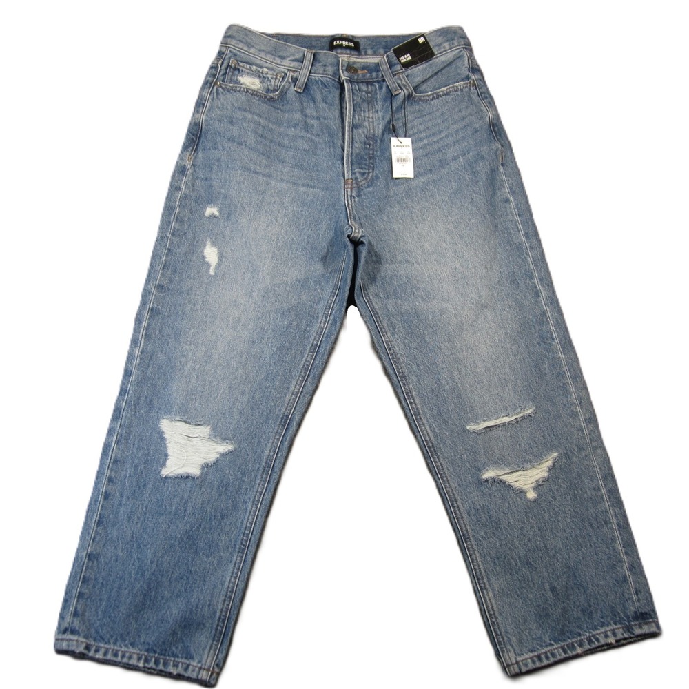 Express Dad Jean High Rise Women 8R Blue Distressed Denim Cropped 90s Casual NEW